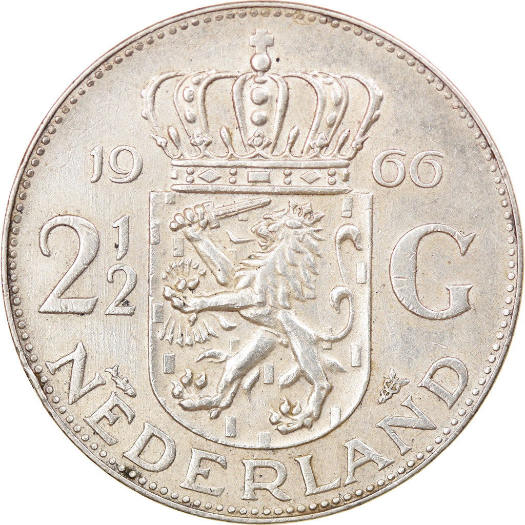 Coin, Netherlands, Juliana, 2-1/2 Gulden, 1966, EF(40-45), Silver, KM:185
