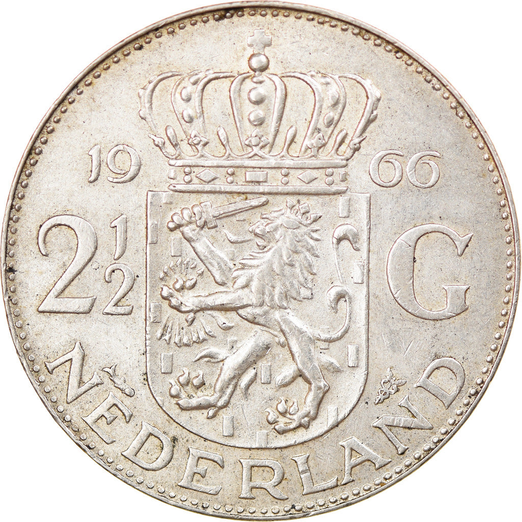 Coin, Netherlands, Juliana, 2-1/2 Gulden, 1966, EF(40-45), Silver, KM:185