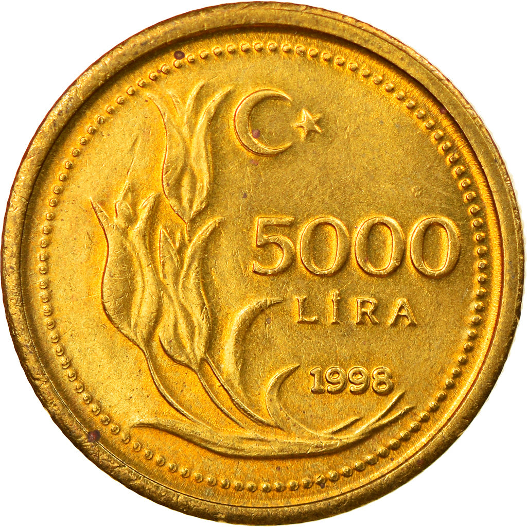 Coin, Turkey, 5000 Lira, 1998, AU(55-58), Brass, KM:1029.1
