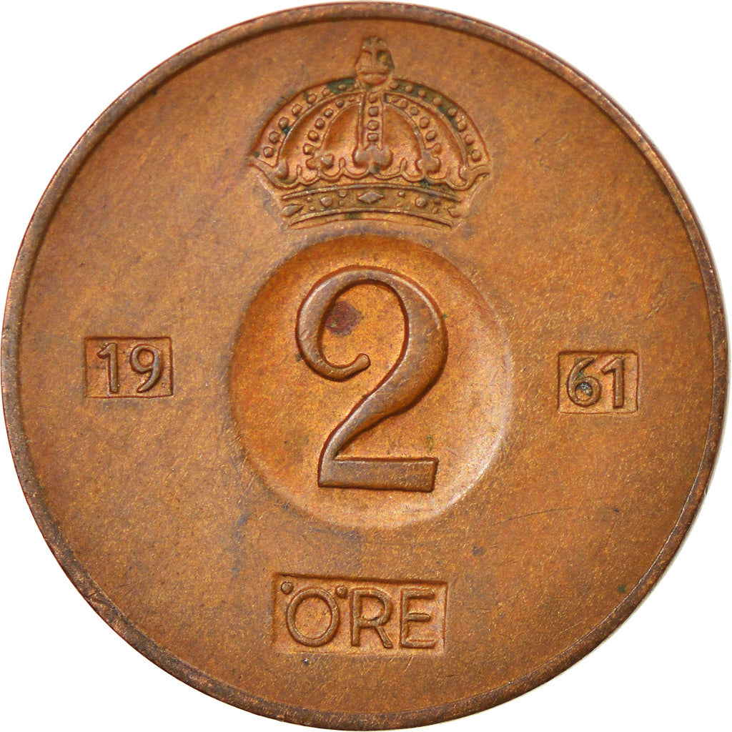 Münze, Schweden, Gustaf VI, 2 Öre, 1961, SS+, Bronze, KM:821