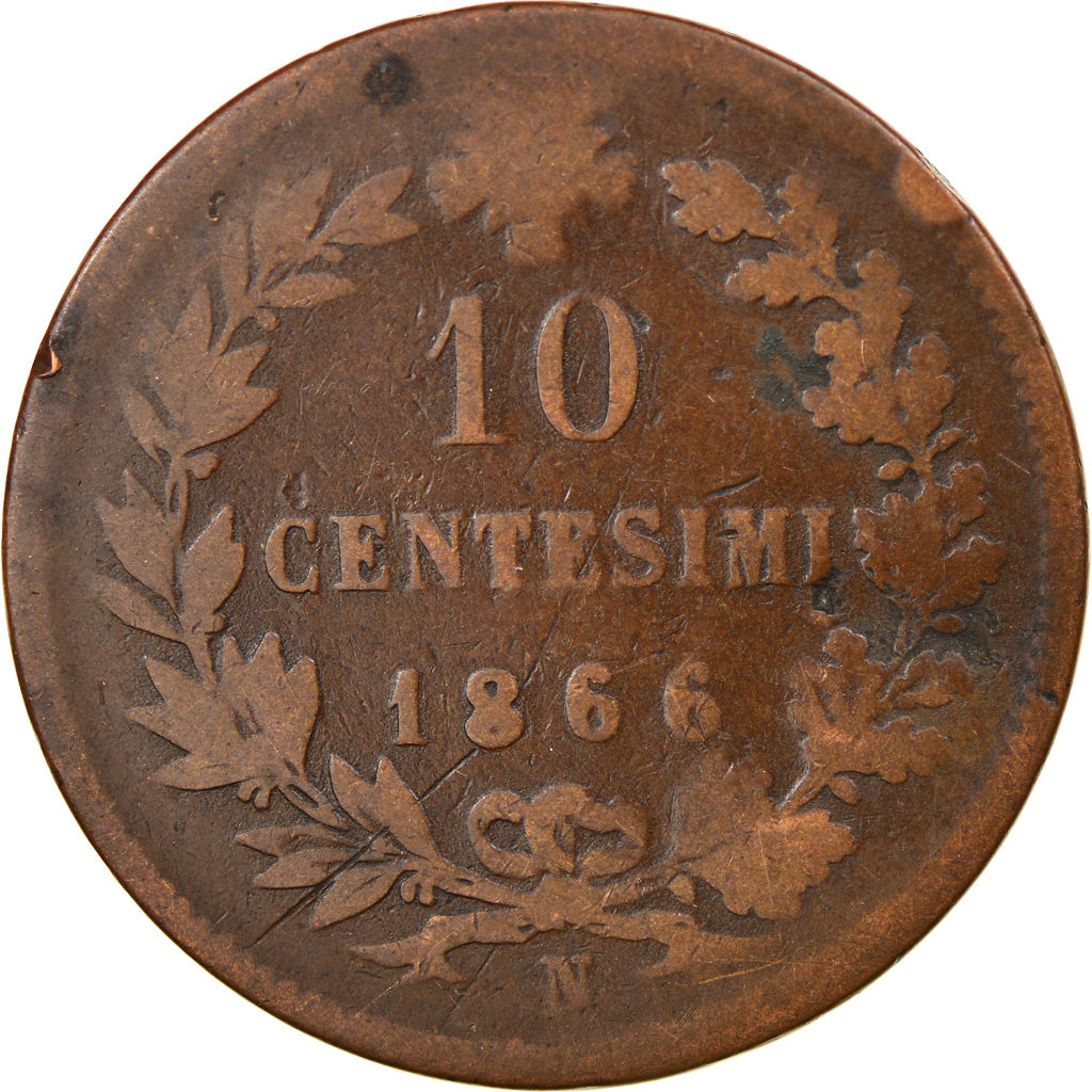 Moneta, Italia, Vittorio Emanuele II, 10 Centesimi, 1866, Naples, MB, Rame