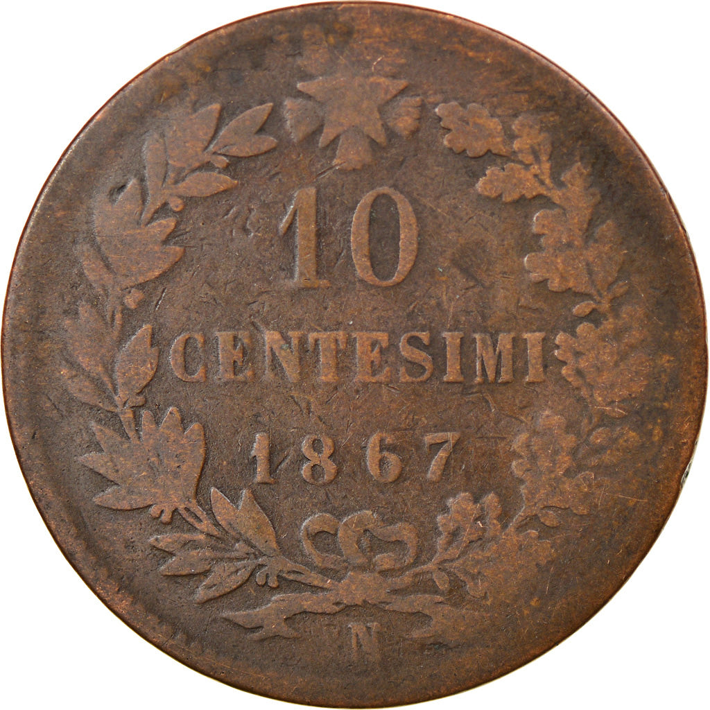 Coin, Italy, Vittorio Emanuele II, 10 Centesimi, 1867, Naples, VF(20-25)