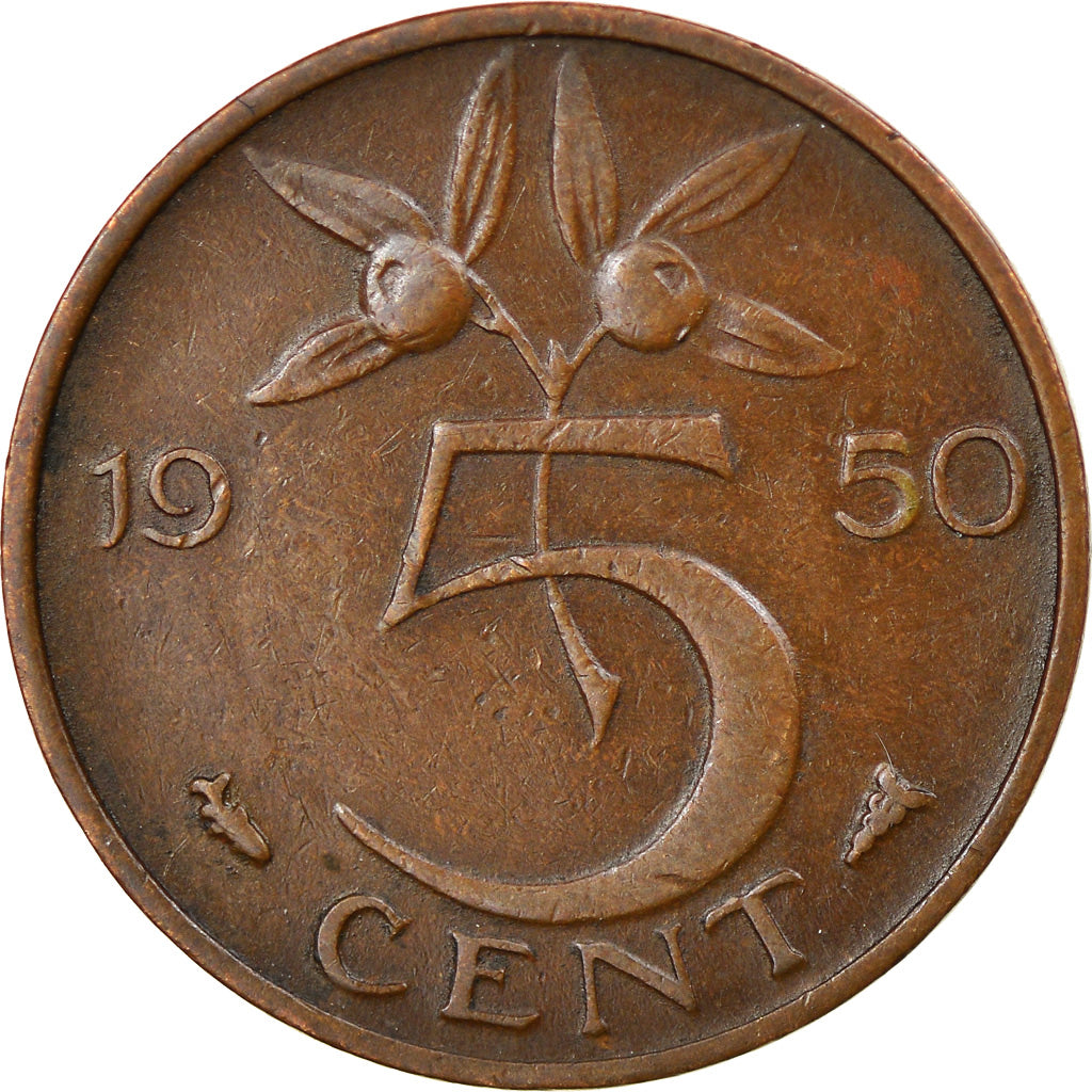 Moneta, Holandia, Juliana, 5 Cents, 1950, AU(50-53), Bronze, KM:181