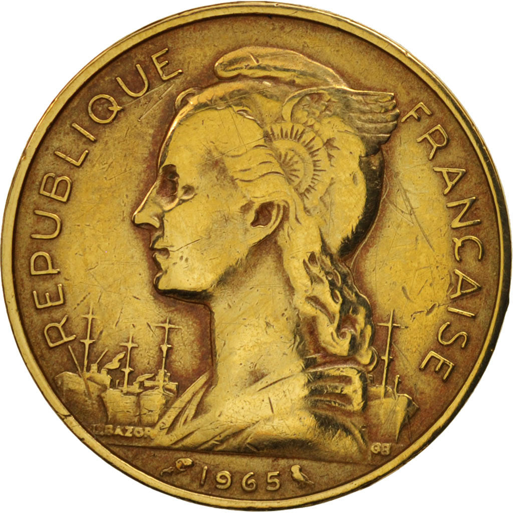 French Somaliland, 20 Francs, 1965, Paris, AU(50-53), Aluminum-Bronze, KM:12