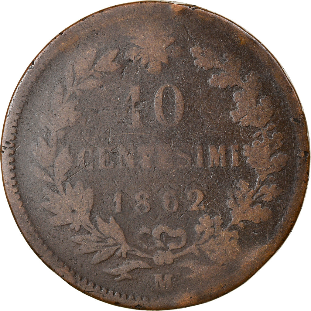 Moneta, Italia, Vittorio Emanuele II, 10 Centesimi, 1862, Milan, B+, Rame