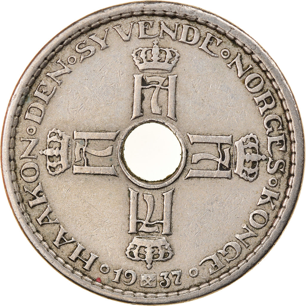 Coin, Norway, Haakon VII, Krone, 1937, EF(40-45), Copper-nickel, KM:385