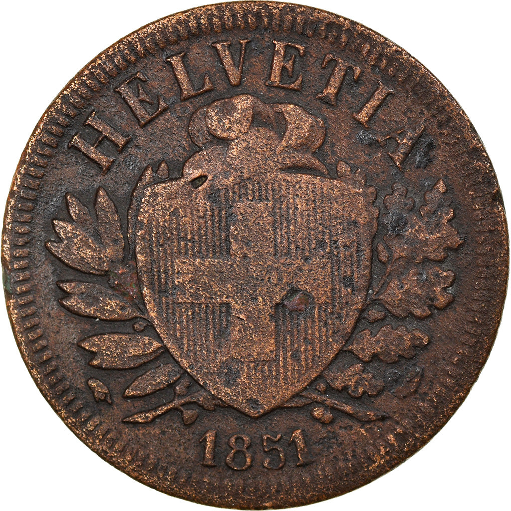 Monnaie, Suisse, 2 Rappen, 1851, Paris, B+, Bronze, KM:4.1