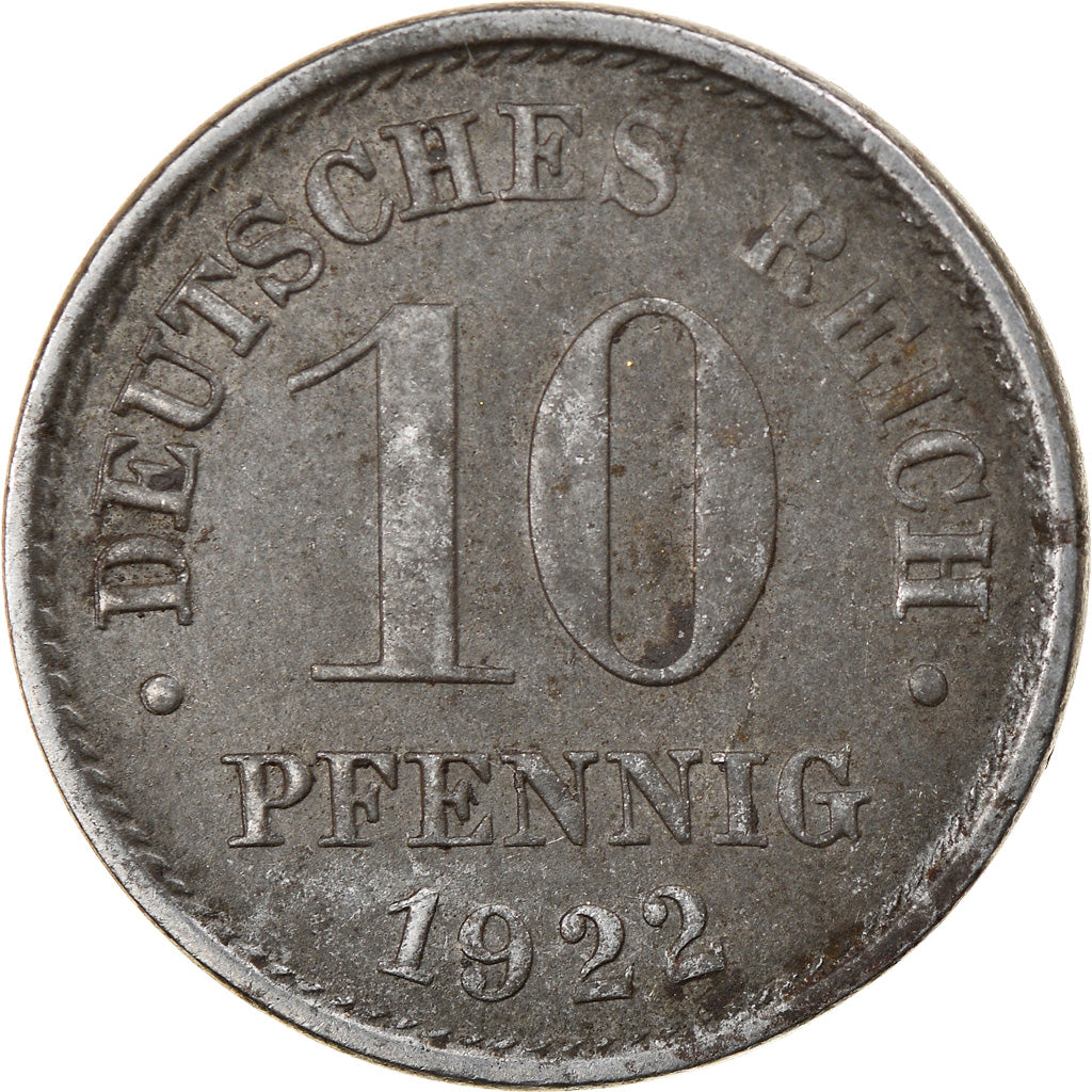 Coin, GERMANY - EMPIRE, 10 Pfennig, 1922, Stuttgart, EF(40-45), Iron, KM:20