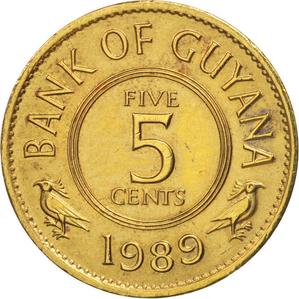 Guyana, 5 Cents, 1989, AU(55-58), Nickel-brass, KM:32