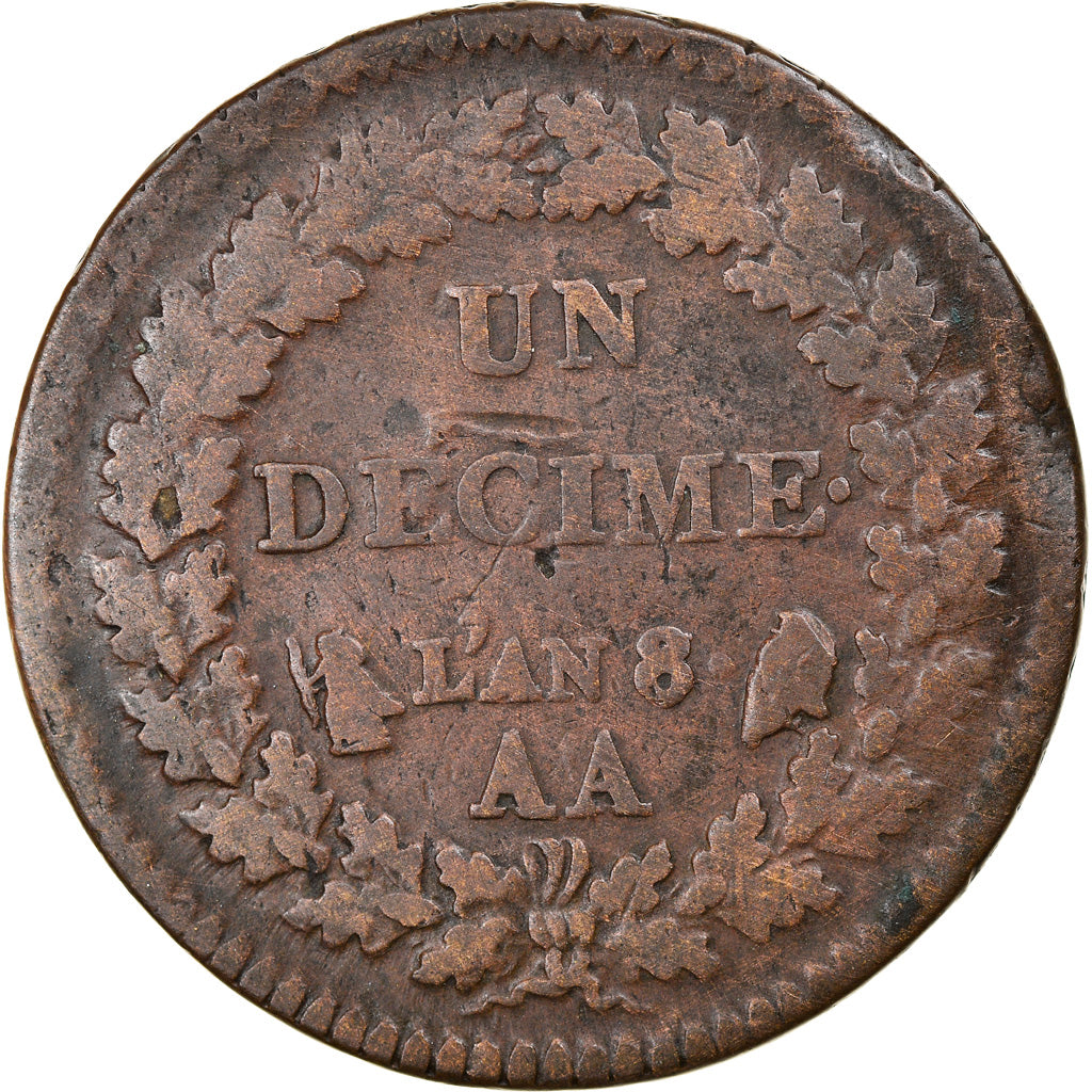 Monnaie, France, Dupré, Decime, AN 8, Metz, TB+, Bronze, Gadoury:187a, KM:644.2