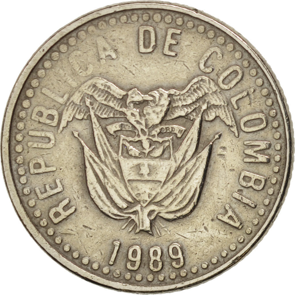 Colombia, 10 Pesos, 1989, AU(50-53), Copper-Nickel-Zinc, KM:281.1