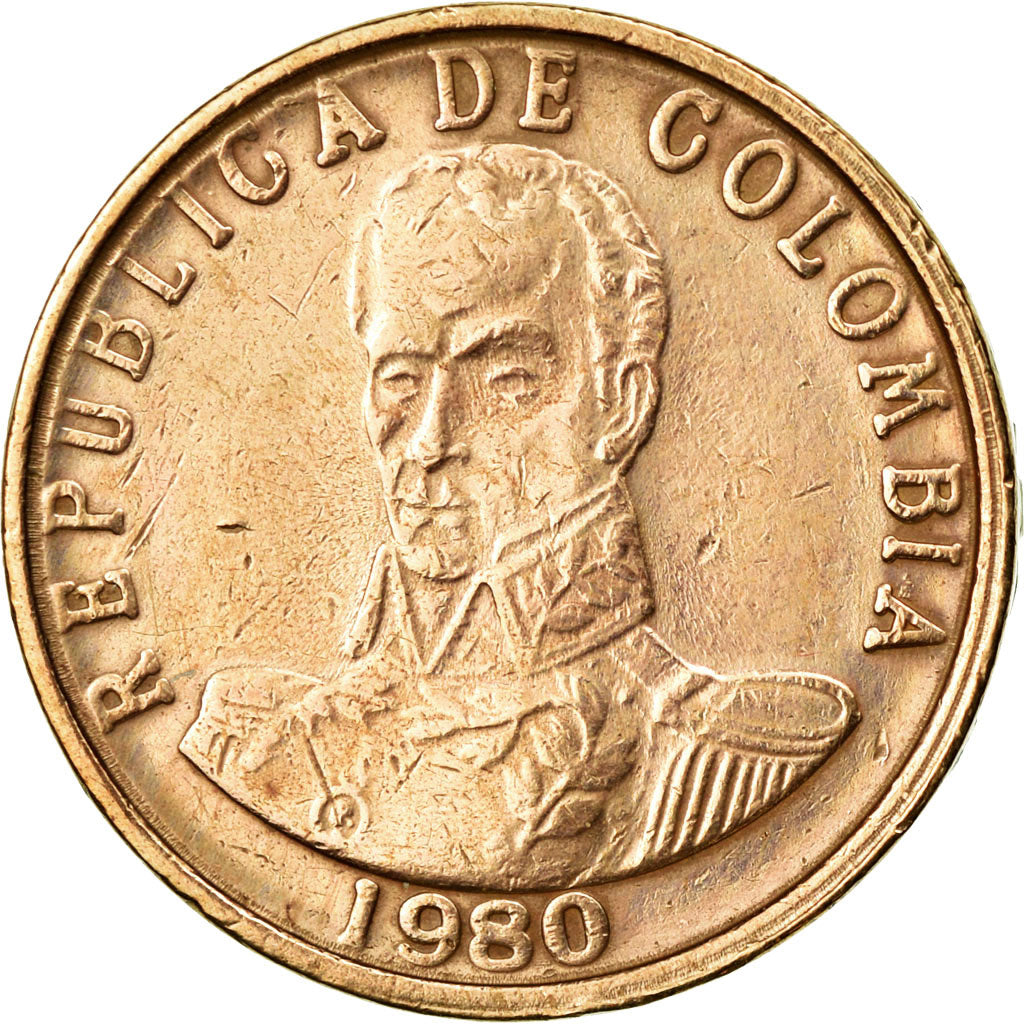 Moneda, Colombia, 2 Pesos, 1980, MBC+, Bronce, KM:263