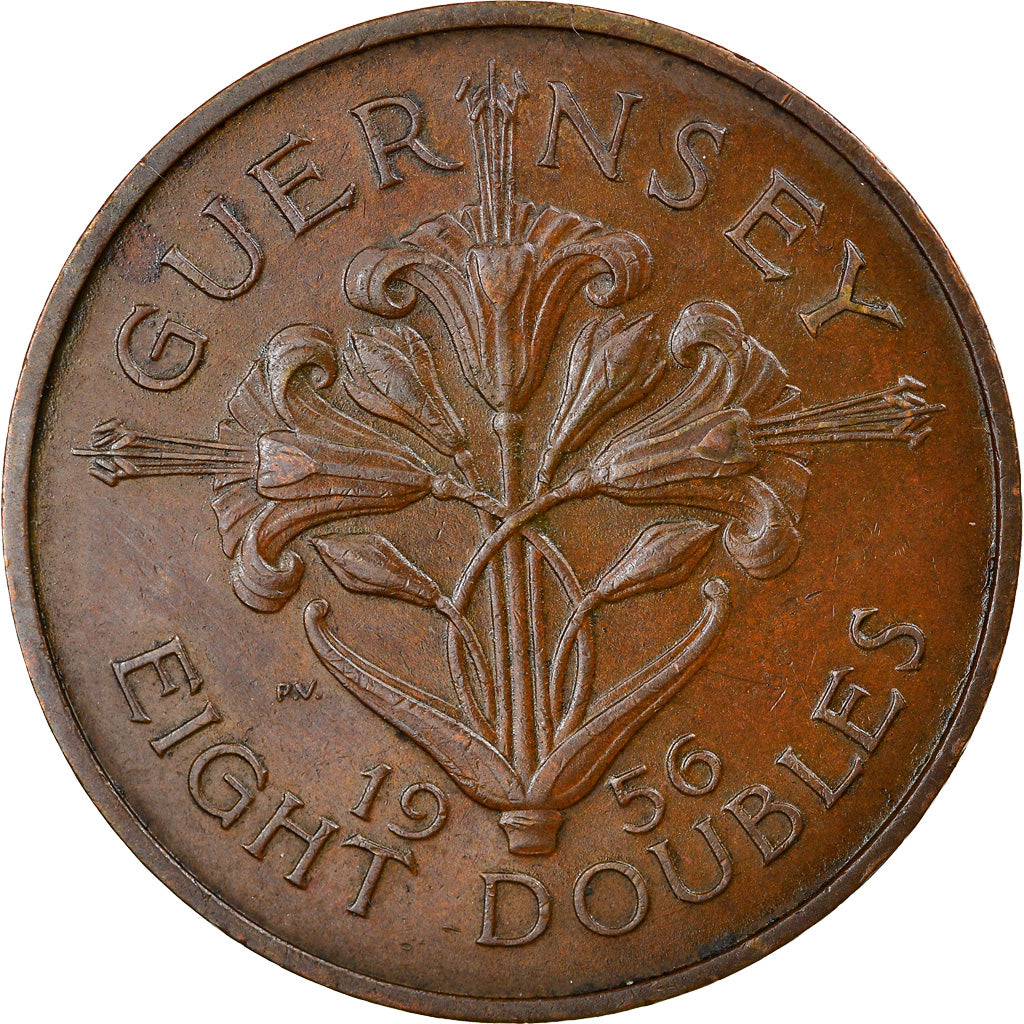 Coin, Guernsey, Elizabeth II, 8 Doubles, 1956, AU(55-58), Bronze, KM:16