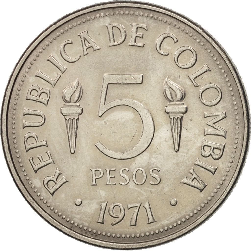 Colombia, 5 Pesos, 1971, AU(50-53), Nickel Clad Steel, KM:247