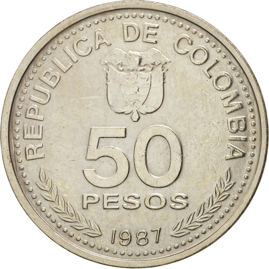Colombia, 50 Pesos, 1987, AU(50-53), Copper-nickel, KM:272