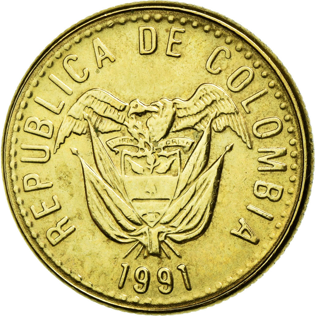 Coin, Colombia, 20 Pesos, 1991, AU(50-53), Aluminum-Bronze, KM:282.1
