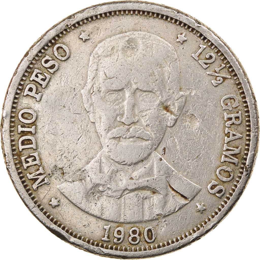 Coin, Dominican Republic, 1/2 Peso, 1980, VF(30-35), Copper-nickel, KM:52