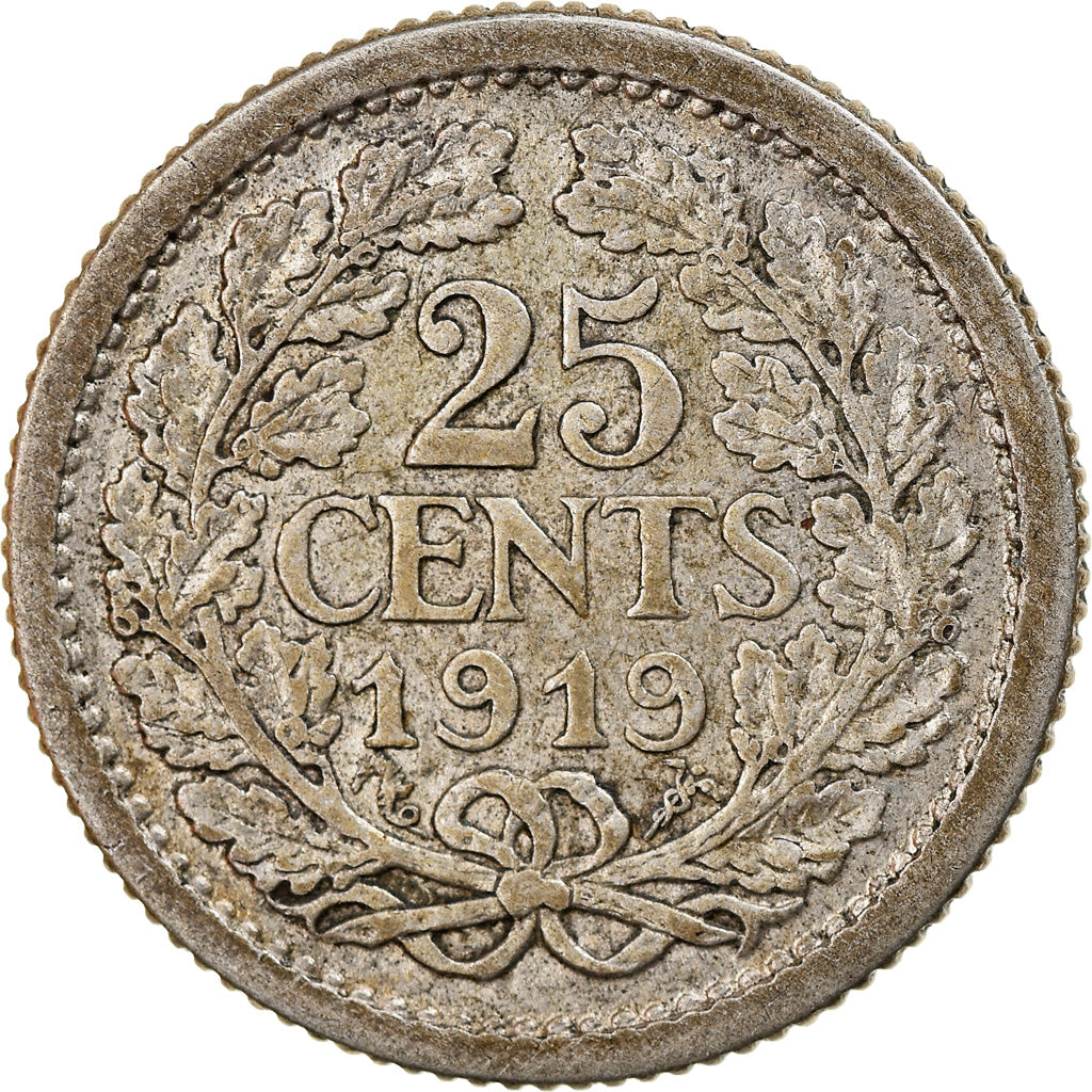 Coin, Netherlands, Wilhelmina I, 25 Cents, 1919, EF(40-45), Silver, KM:146
