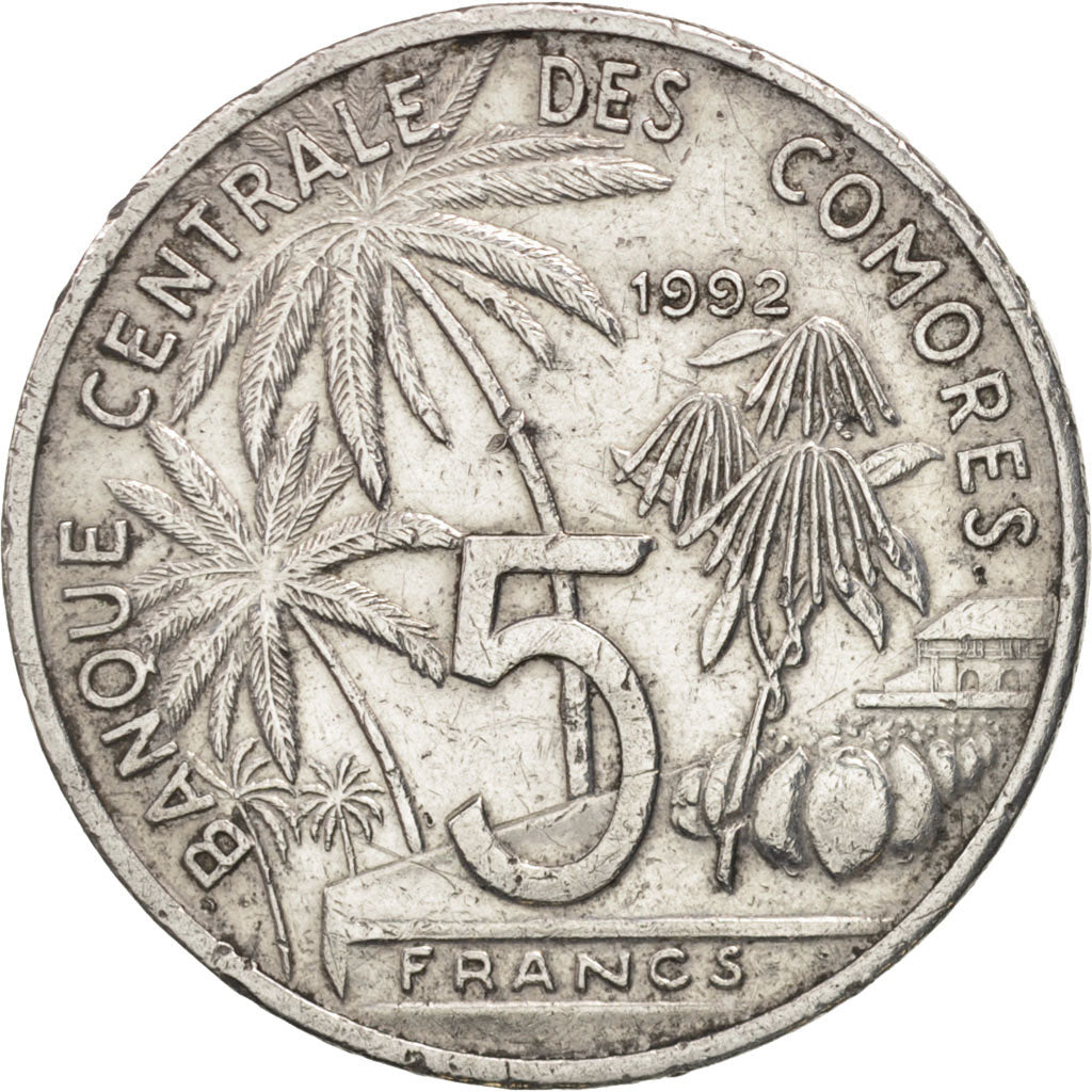 Comoros, 5 Francs, 1992, Paris, AU(50-53), Aluminum, KM:15