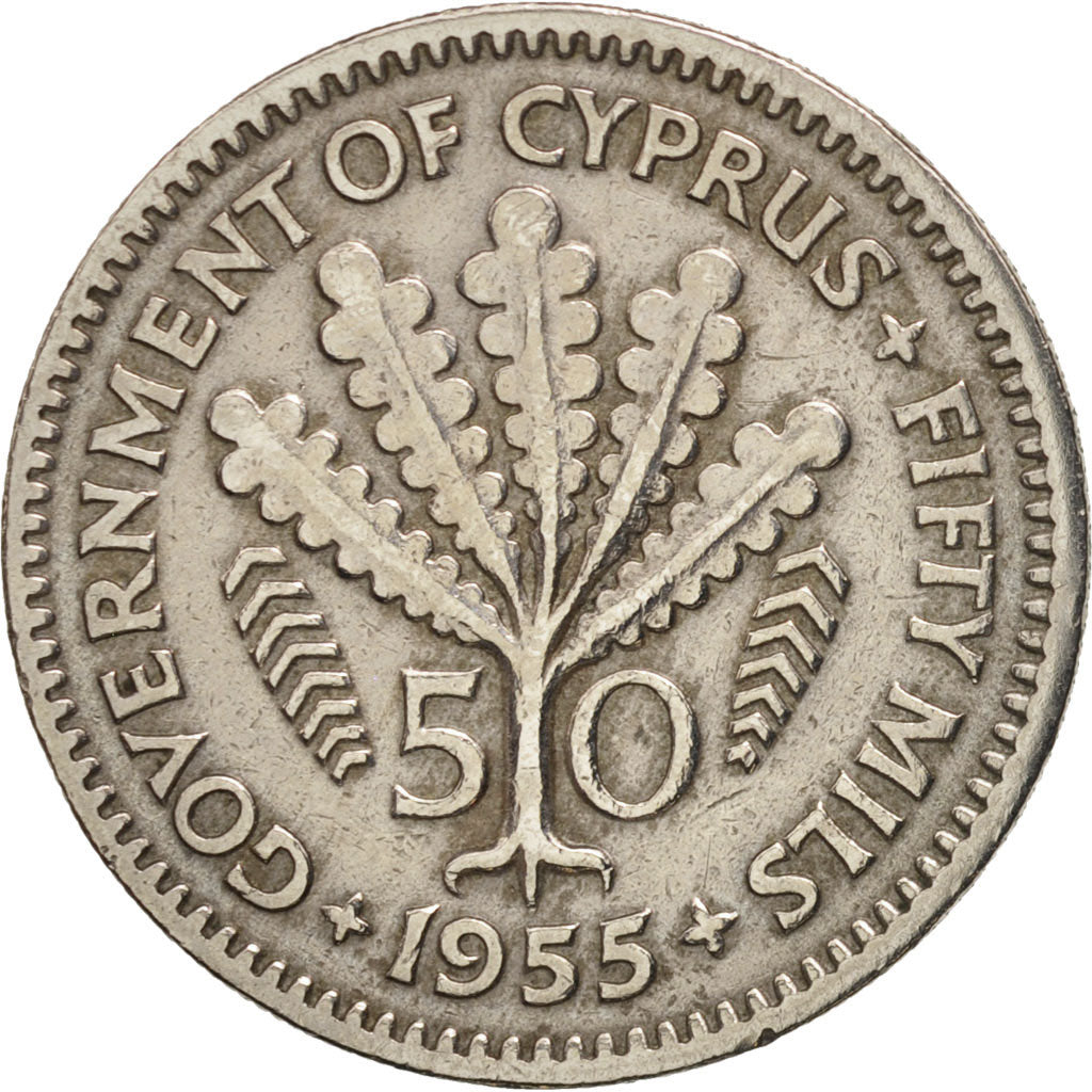 Cyprus, 50 Mils, 1955, AU(50-53), Copper-nickel, KM:36