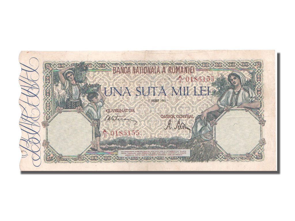 Romania, 100,000 Lei, 1945, KM #58a, 1945-08-07, AU(50-53), A.1