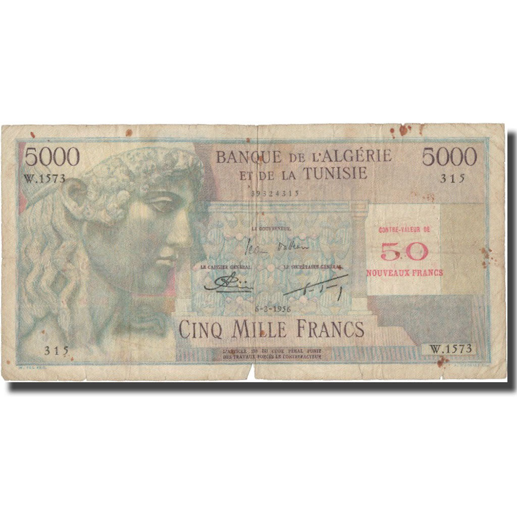 Banknote, Algeria, 50 NF on 5000 Francs, 1956, 1956-03-06, KM:113, F(12-15)