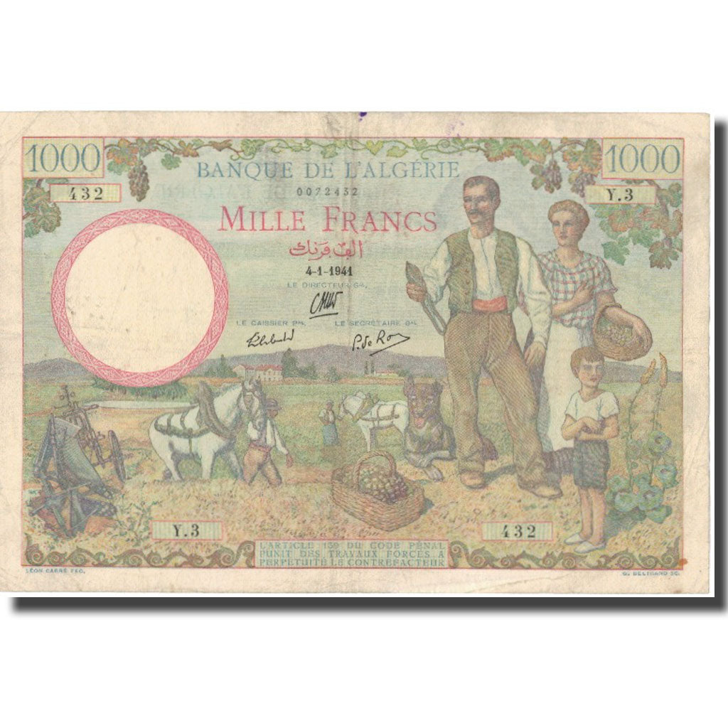 Banknote, Algeria, 1000 Francs, 1941, 1941-01-04, KM:86, VF(20-25)