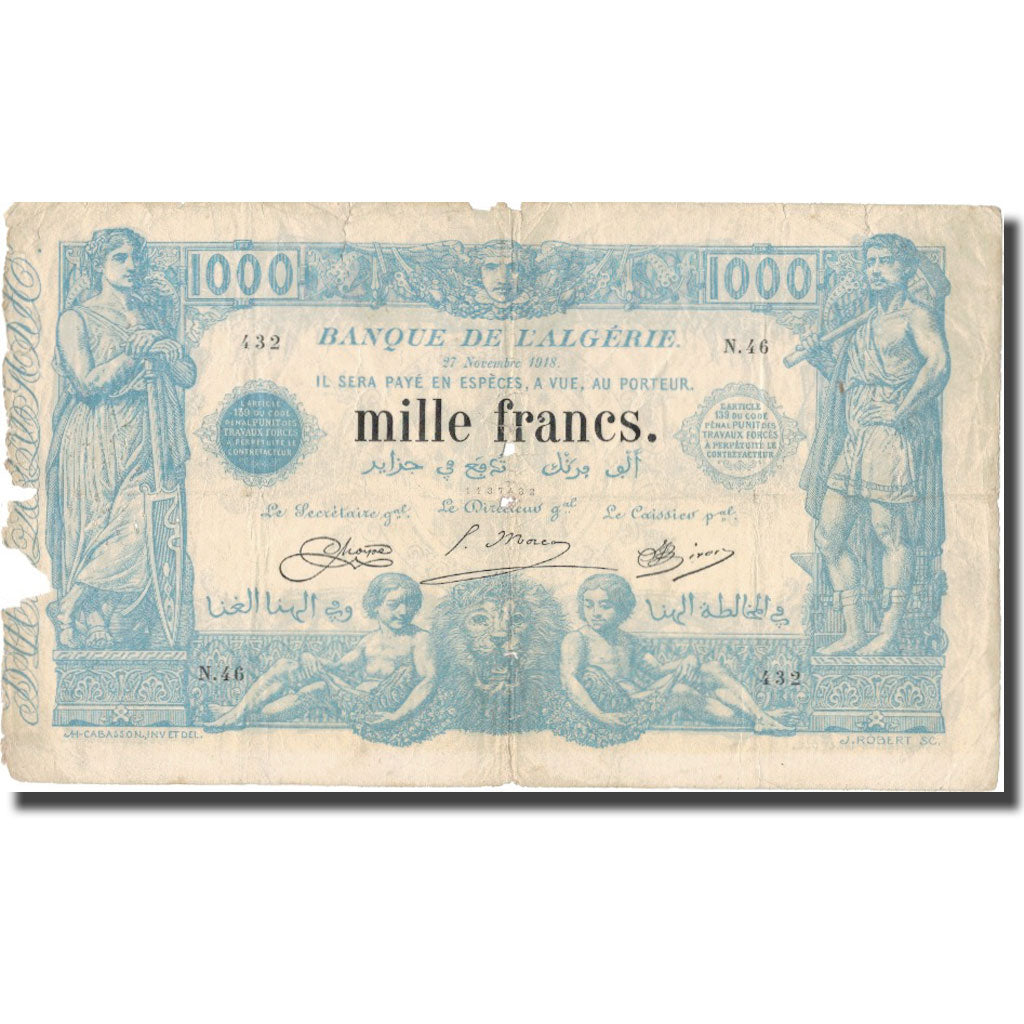 Billet, Algeria, 1000 Francs, 1918, 1918-11-27, KM:76b, B+