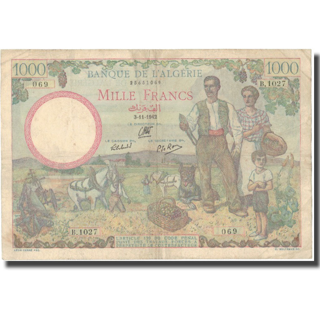 Banknote, Algeria, 1000 Francs, 1942, 1942-11-03, KM:86, VF(20-25)