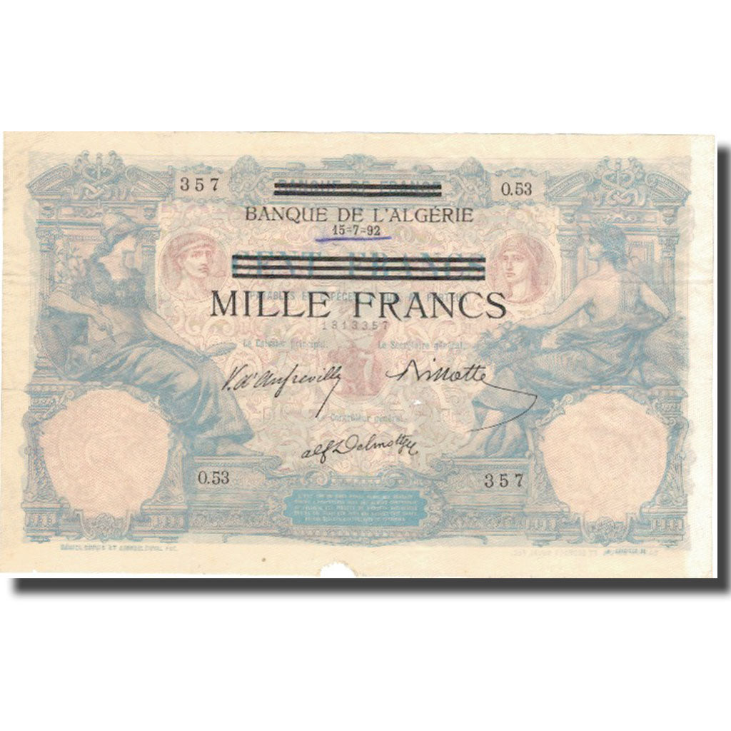 Geldschein, Tunesien, 1000 Francs on 100 Francs, 1892, 1892-07-15, KM:31, SS