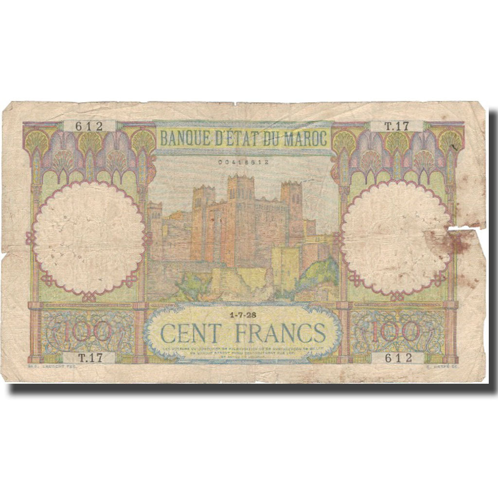 Banknote, Morocco, 100 Francs, 1928, 1928-07-01, KM:20, F(12-15)