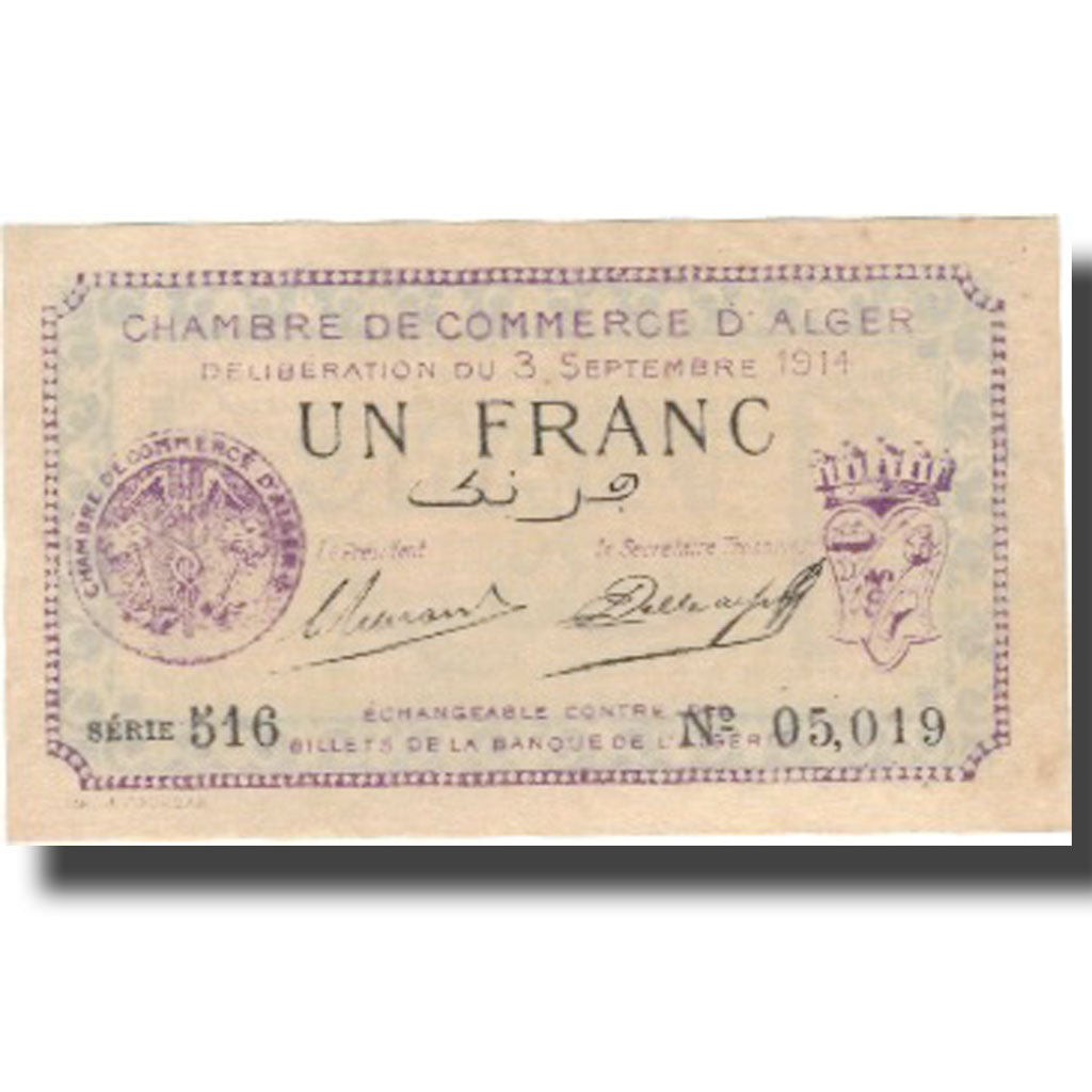 Banknote, Algeria, 1 Franc, Blason, 1914, 1914-09-03, UNC(60-62)