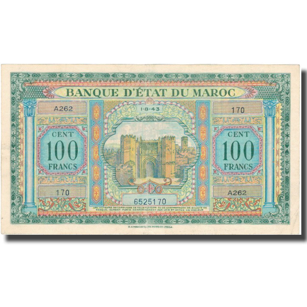 Banknote, Morocco, 100 Francs, 1943, 1943-08-01, KM:27A, AU(50-53)