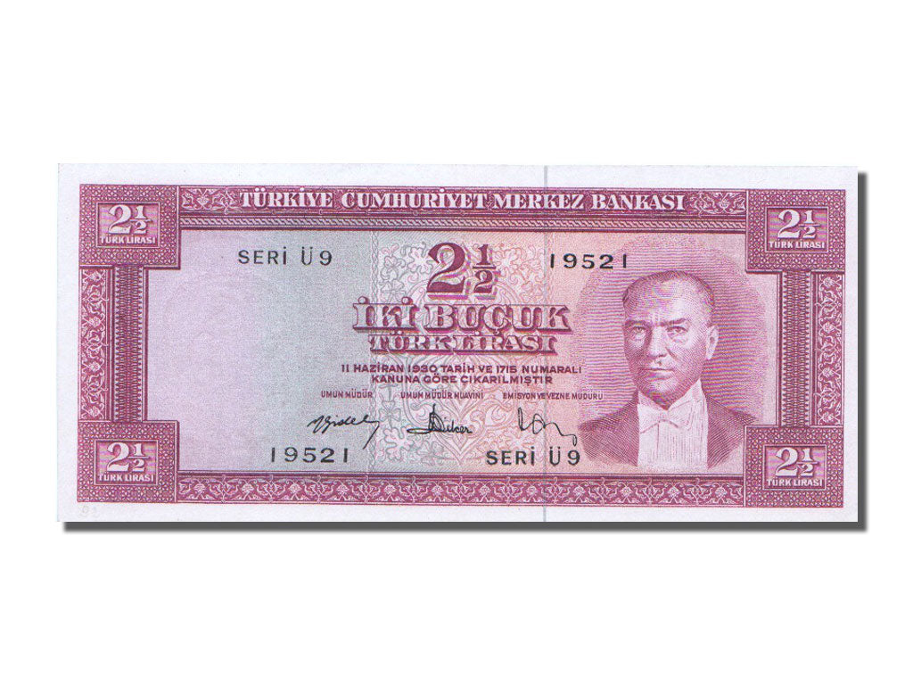 Turkey, 2 1/2 Lira, KM #152a, 1957-07-01, UNC(63), U.9