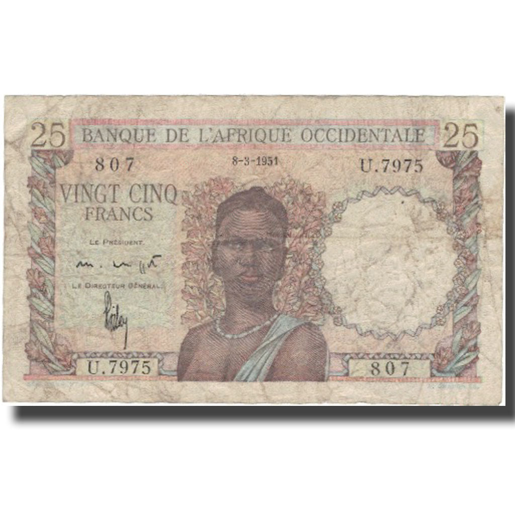 Nota, África Ocidental Francesa, 25 Francs, 1951, 1951-03-08, KM:38, VF(20-25)