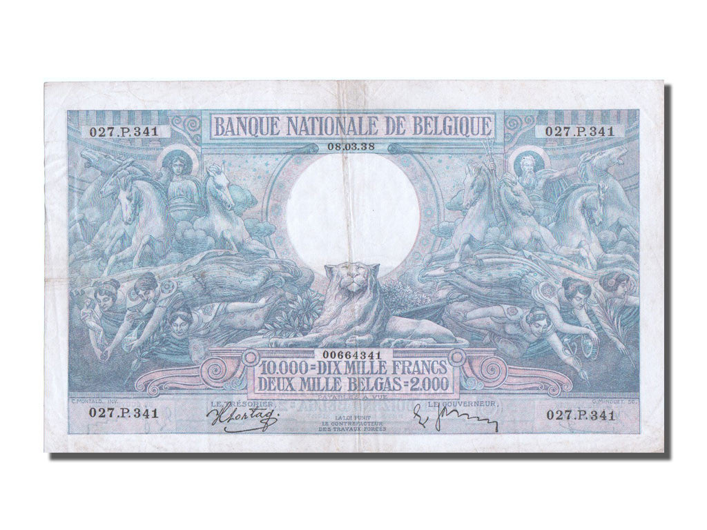 Belgium, 10,000 Francs-2000 Belgas, 1938, KM #105, 1938-03-08, AU(50-53),...