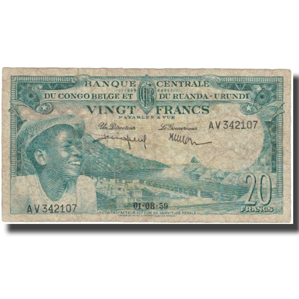 Banknote, Belgian Congo, 20 Francs, 1959, 1959-08-01, KM:31, VF(20-25)