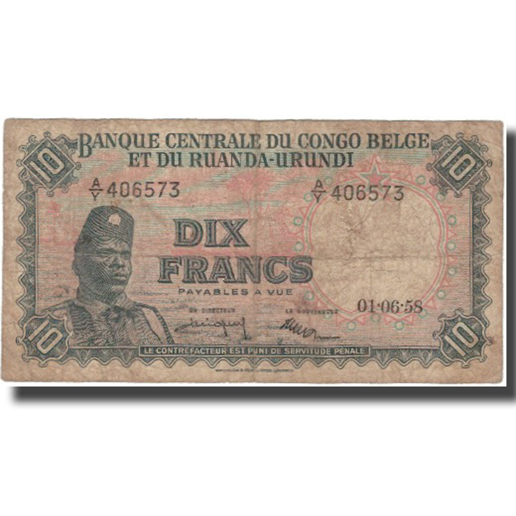 Banknote, Belgian Congo, 10 Francs, 1957, 1957-12-01, KM:30b, VF(30-35)