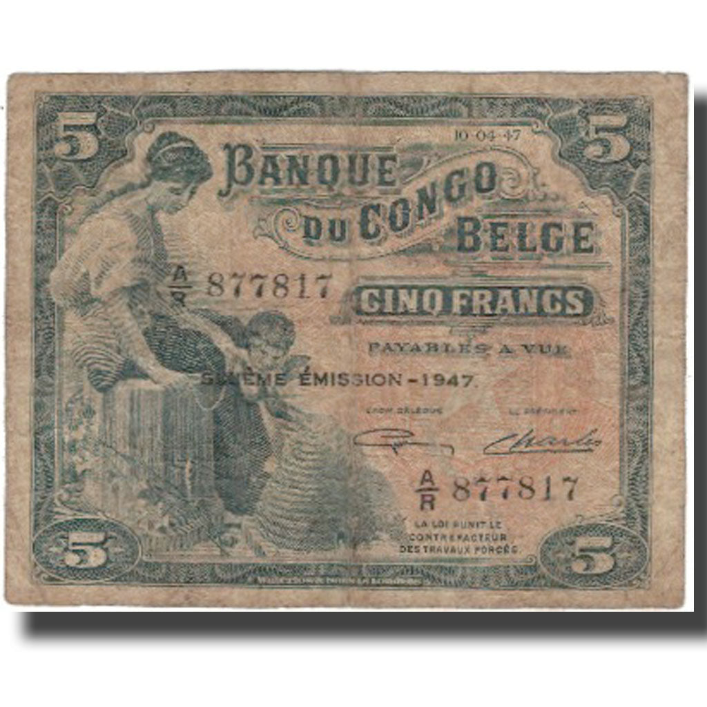 Banknote, Belgian Congo, 5 Francs, 1947, 1947, KM:13Ad, VF(20-25)
