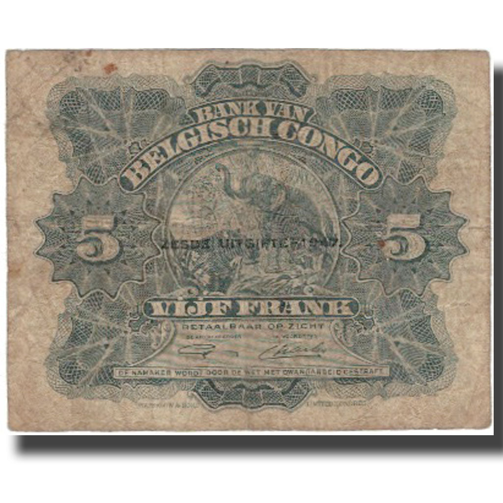 Banknote, Belgian Congo, 5 Francs, 1947, 1947, KM:13Ad, VF(20-25)