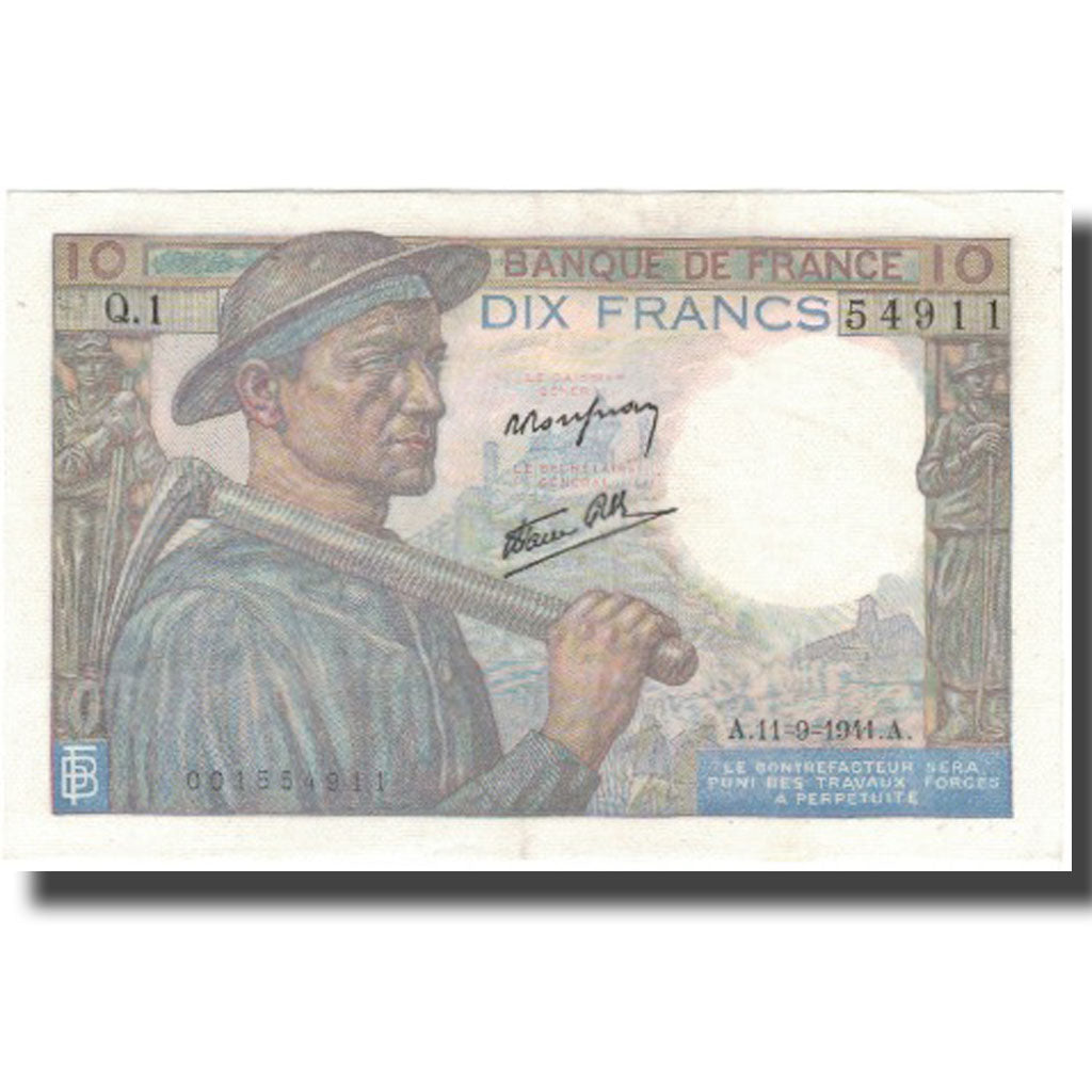 Francja, 10 Francs, Mineur, 1941, 1941-09-11, UNC(60-62), Fayette:8.1, KM:99a