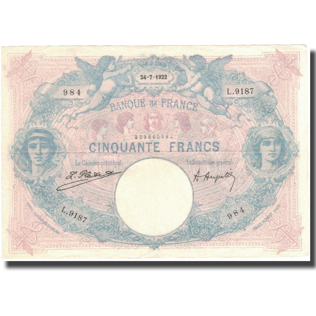 Francia, 50 Francs, Bleu et Rose, 1922, 1922-07-24, MBC, Fayette:14.35, KM:64g