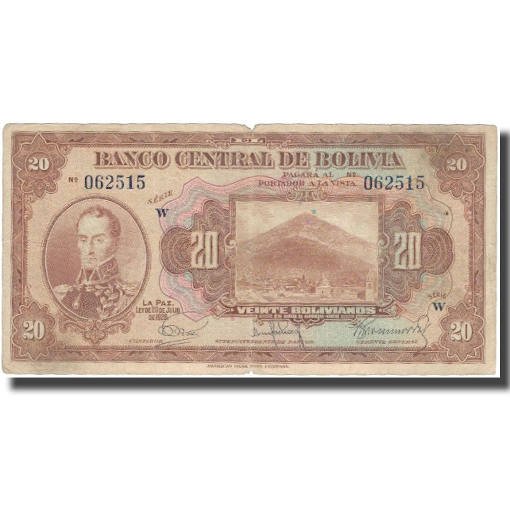 Billete, 20 Bolivianos, 1928, Bolivia, 1928-07-20, KM:122a, BC