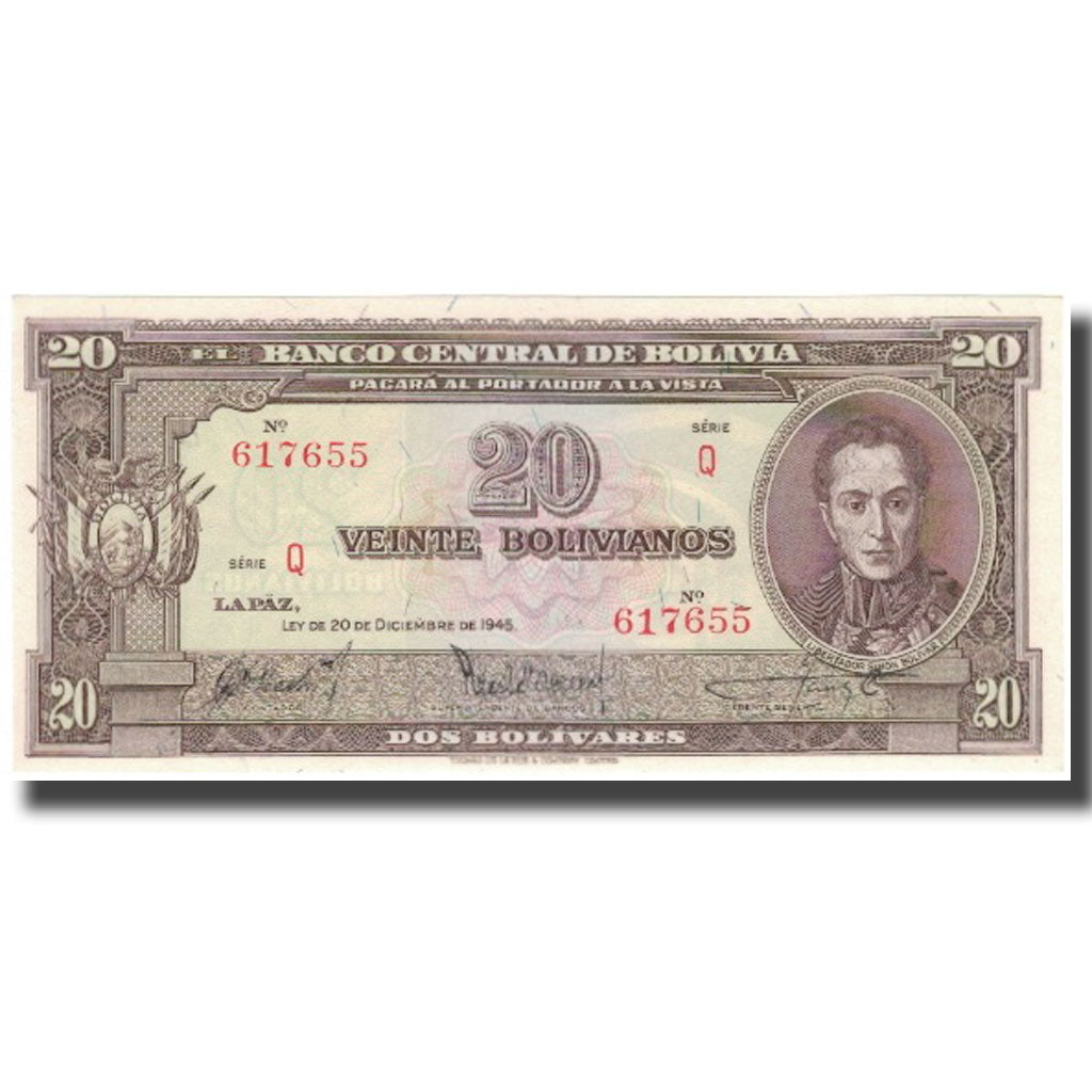 Billet, Bolivie, 20 Bolivianos, 1945, 1945-12-20, KM:140a, SPL+