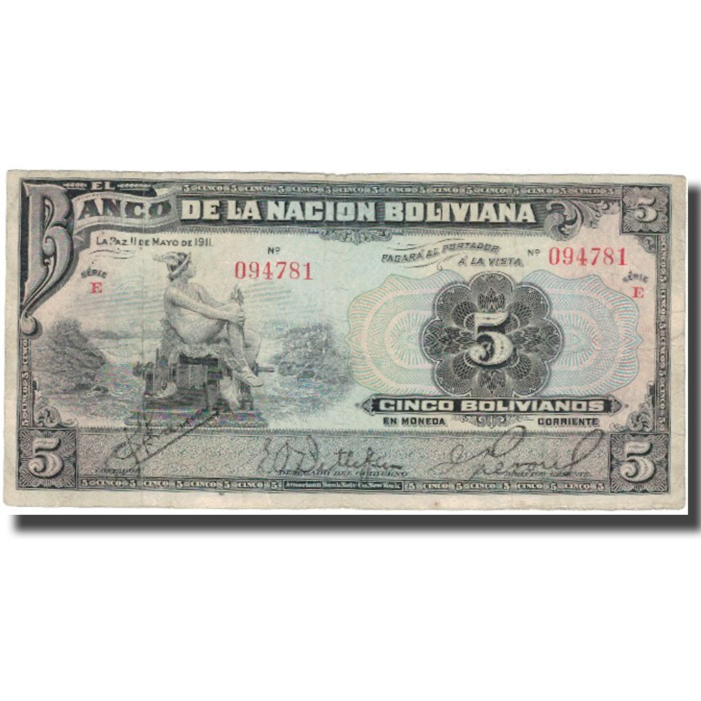 Banknote, Bolivia, 5 Bolivianos, 1911, 1911-05-11, KM:106a, VF(30-35)