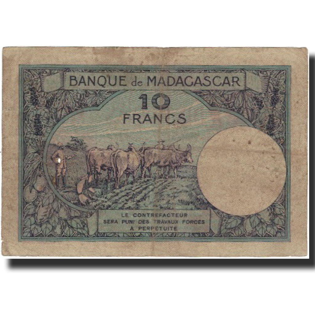 Banknote, Madagascar, 10 Francs, Undated (1937-47), KM:36, VF(20-25)