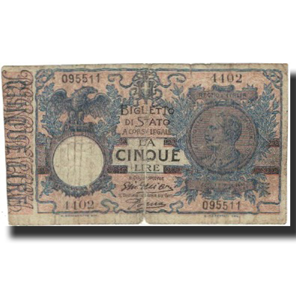 Banconote, Italia, 5 Lire, 1904, 1925, KM:23e, MB
