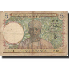 Banknot, Francuska Afryka Zachodnia, 5 Francs, 1934, 1934-07-17, KM:21, F(12-15)