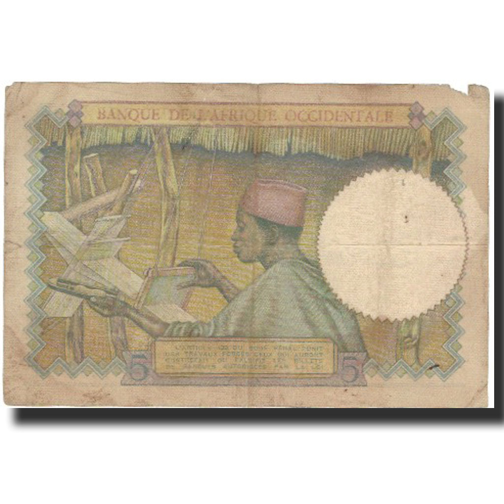Biljet, Frans West Afrika, 5 Francs, 1934, 1934-07-17, KM:21, B+