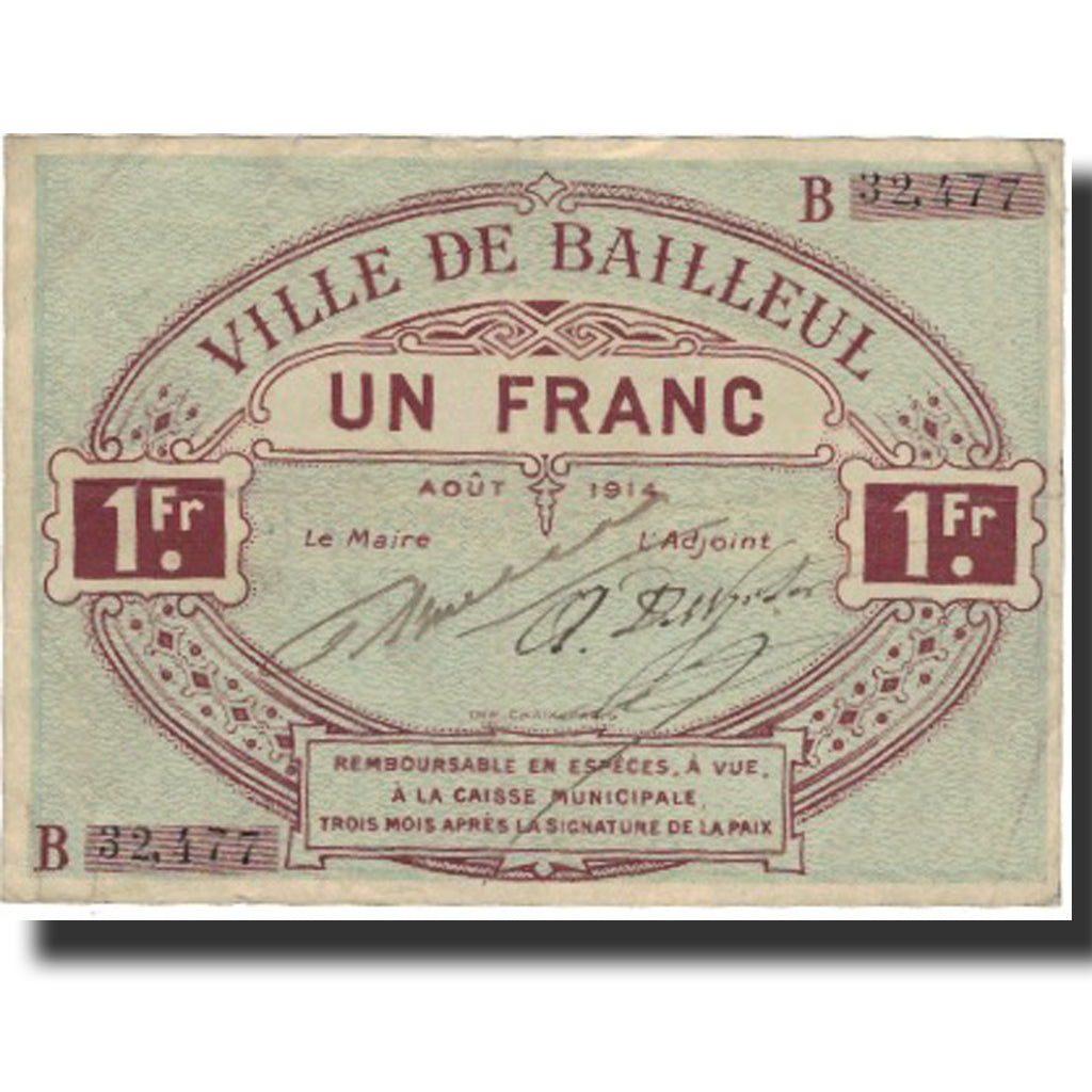 France, Bailleul, 1 Franc, 1914, TTB, Pirot:59-243